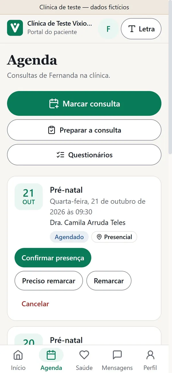 Agenda da gestante com o botão de confirmar presença