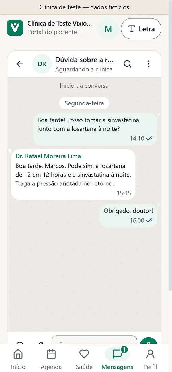 Conversa do paciente com o médico dentro do portal