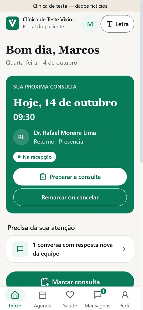Portal do paciente no celular com a próxima consulta