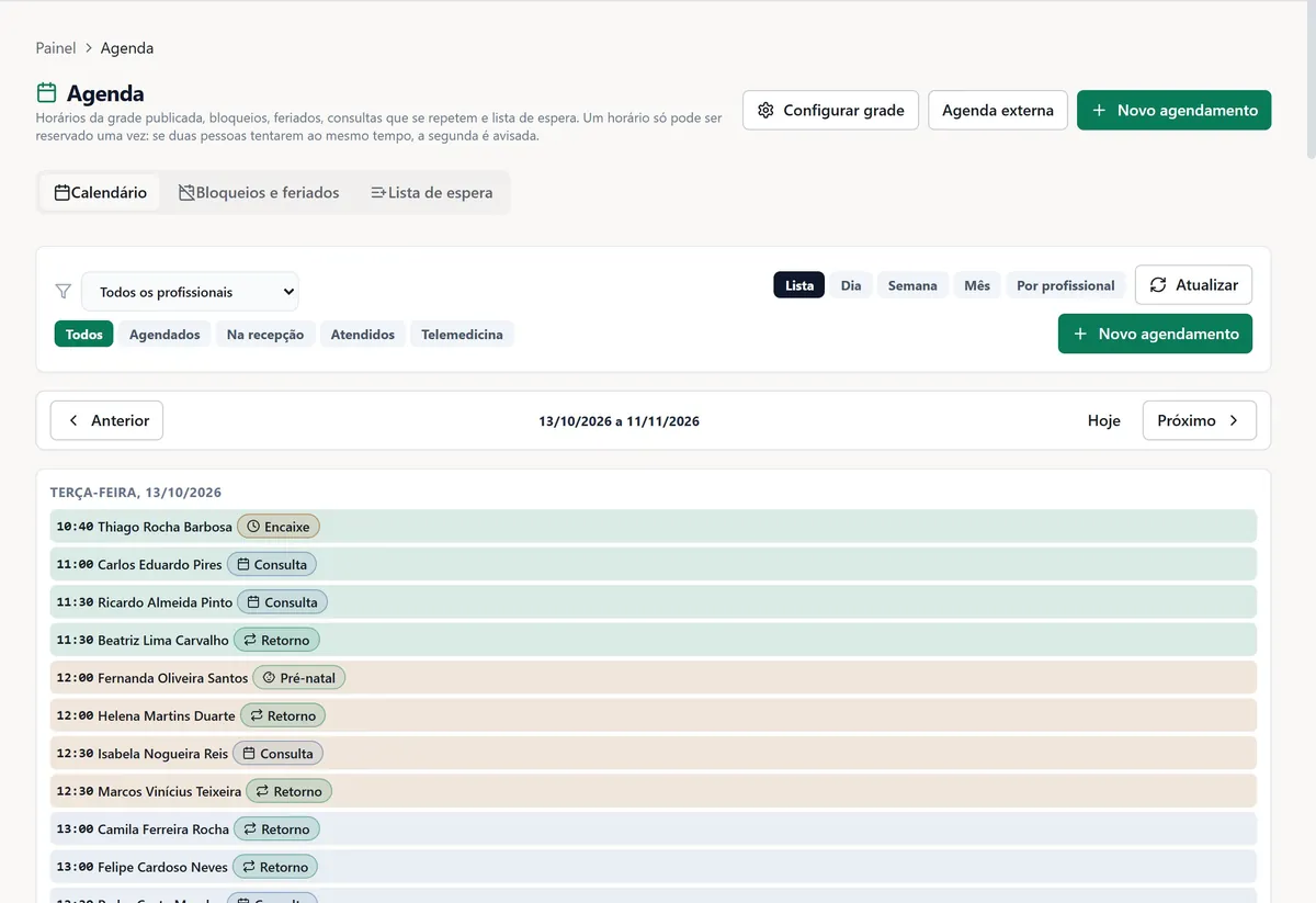Agenda do dia com consultas, retornos e encaixes por cor