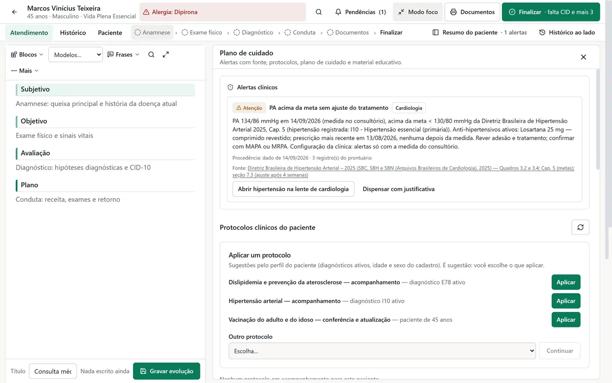 Prontuário com alerta de pressão acima da meta e protocolos clínicos sugeridos